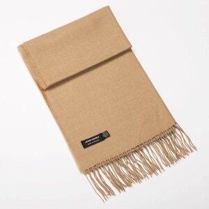 John Hanly Extra Fine Merino Wool Scarf Made in Ireland Camel Tan Fringe